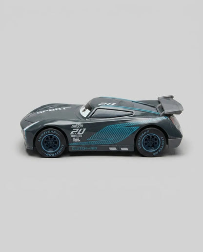 Side 3/4 view of black diecast race car with teal panel graphics and blue wheels