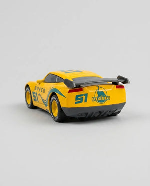 Disney Pixar Dinoco diecast pull-back car, yellow side-rear 3/4 view with 51