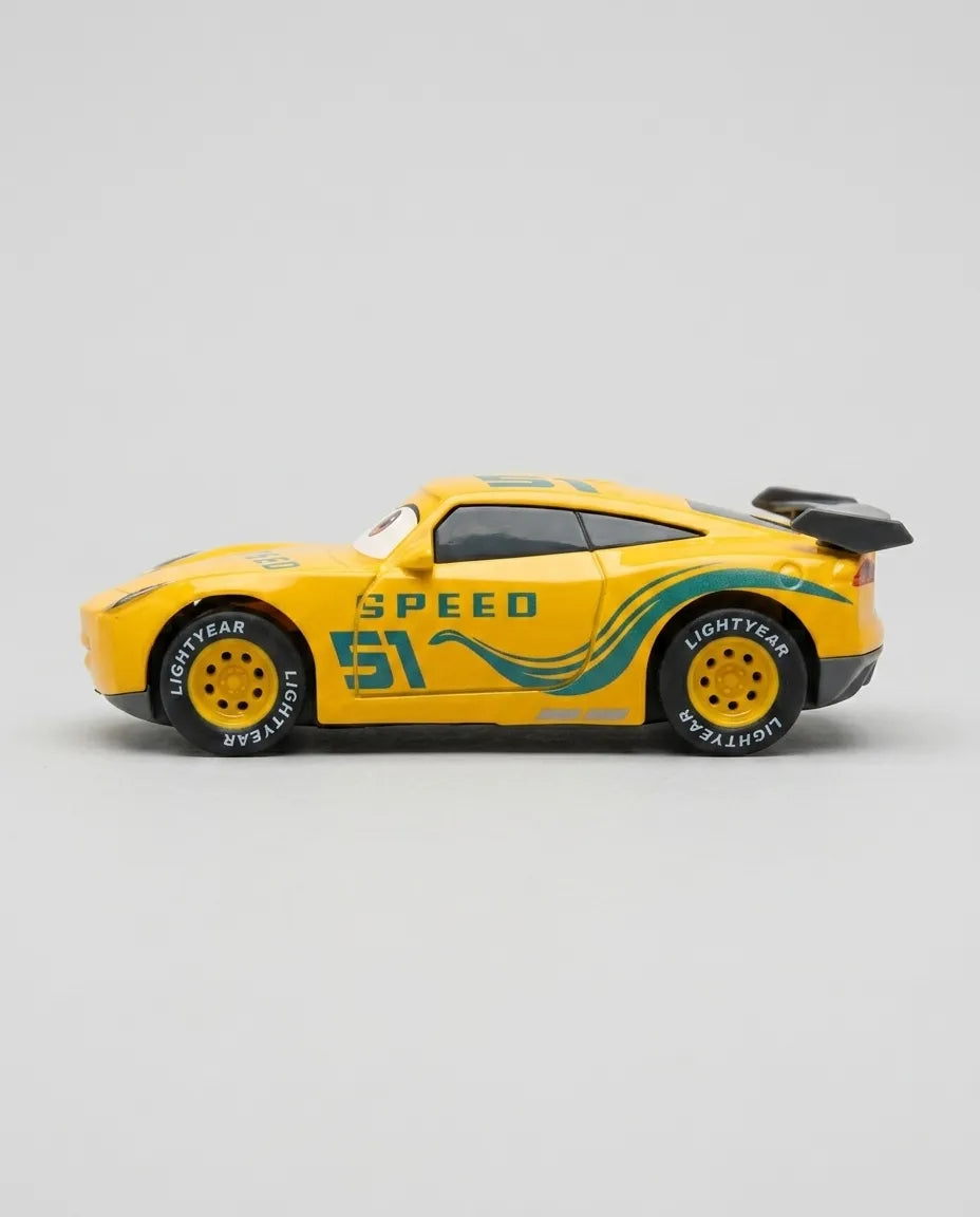 Disney Pixar Dinoco diecast pull-back car, yellow side view with turquoise stripes and 51