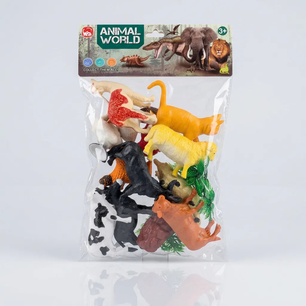 Animal World toy set with assorted colourful animal figures and miniature trees in a clear pack marked ages 3+