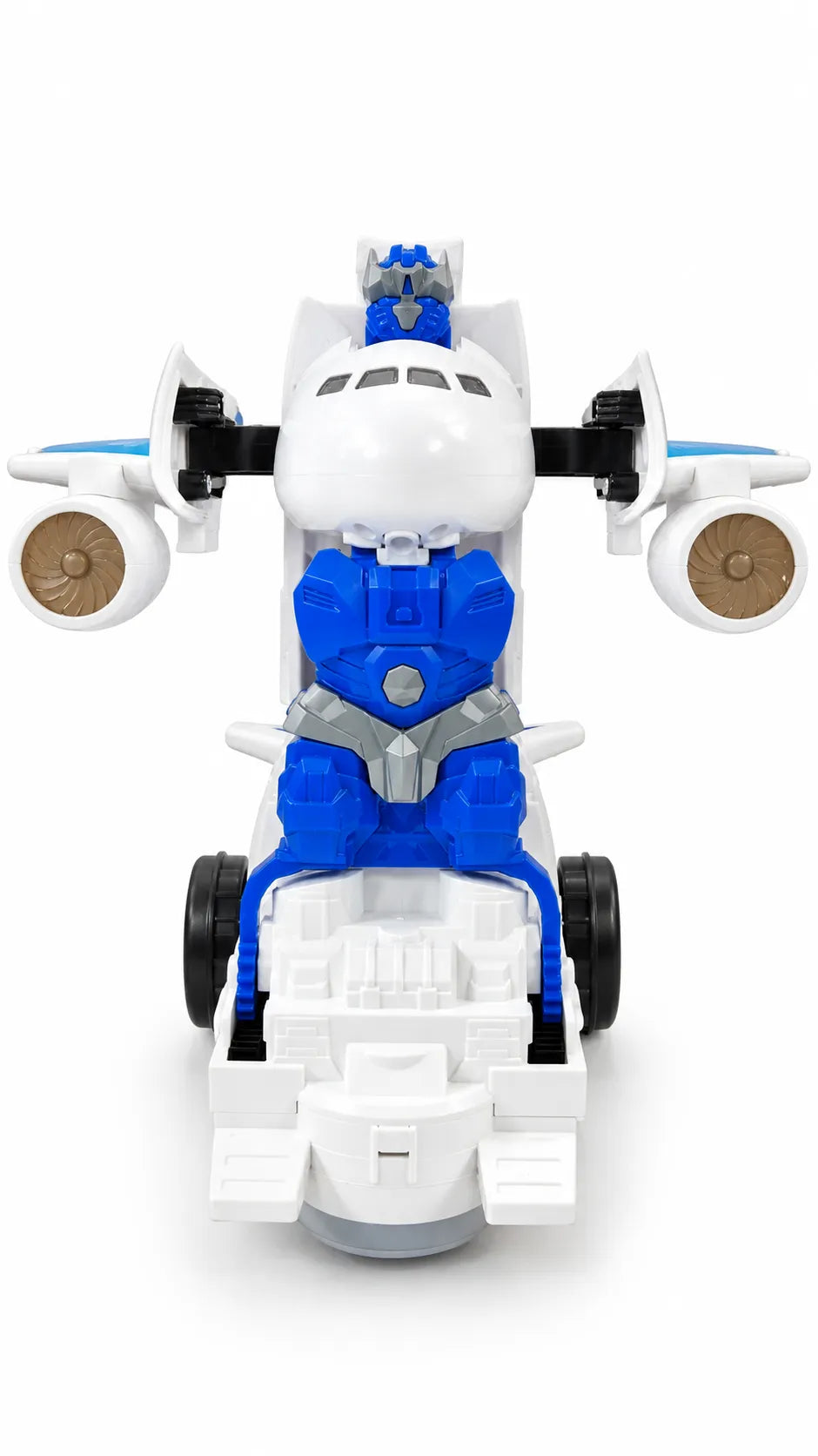 Rear view of the transforming airplane toy showing its tail fin and black wheels