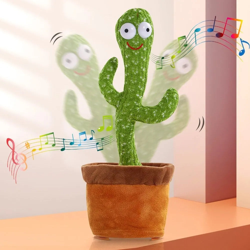 Green talking dancing cactus toy with smiling face in a brown fabric pot
