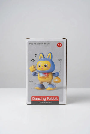 Dancing Rabbit toy box showing music, light and swinging features and an age 3+ marking