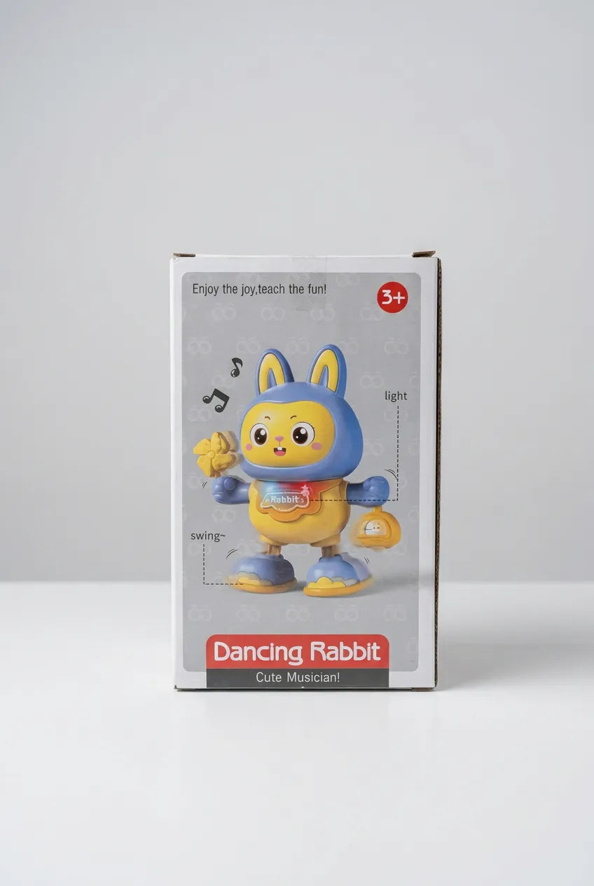 Dancing Rabbit toy box showing music, light and swinging features and an age 3+ marking