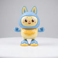 Blue and yellow dancing rabbit toy with tall ears and a smiling face, front view