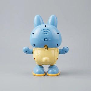 Rear view of the dancing rabbit toy showing its battery compartment, speaker and on-off switch