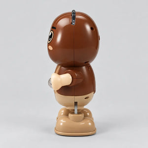 Side view of the brown dancing bear toy with beige arms and oversized feet