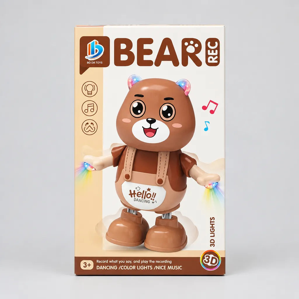 Dancing bear toy packaging showing music, colour lights, recording and playback features for ages 3+