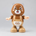 Brown dancing bear toy with beige dungaree-style details and transparent ears, front view