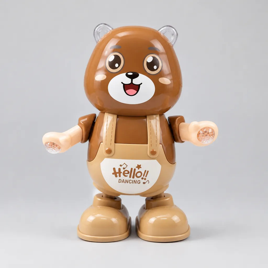 Brown dancing bear toy with beige dungaree-style details and transparent ears, front view