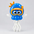 Blue dancing octopus toy with yellow crown and snorkel goggles, big cartoon eyes and white wavy tentacles