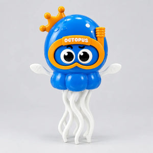 Blue dancing octopus toy with yellow crown and snorkel goggles, big cartoon eyes and white wavy tentacles