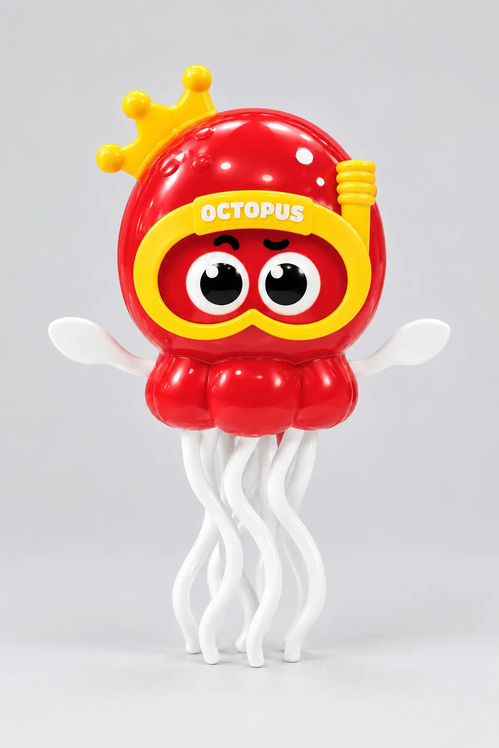 Red dancing octopus toy with yellow crown and snorkel goggles, big cartoon eyes and white wavy tentacles
