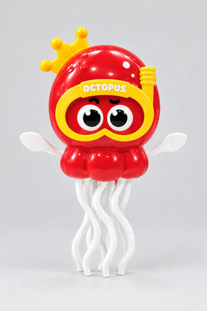 Red dancing octopus toy with yellow crown and snorkel goggles, big cartoon eyes and white wavy tentacles