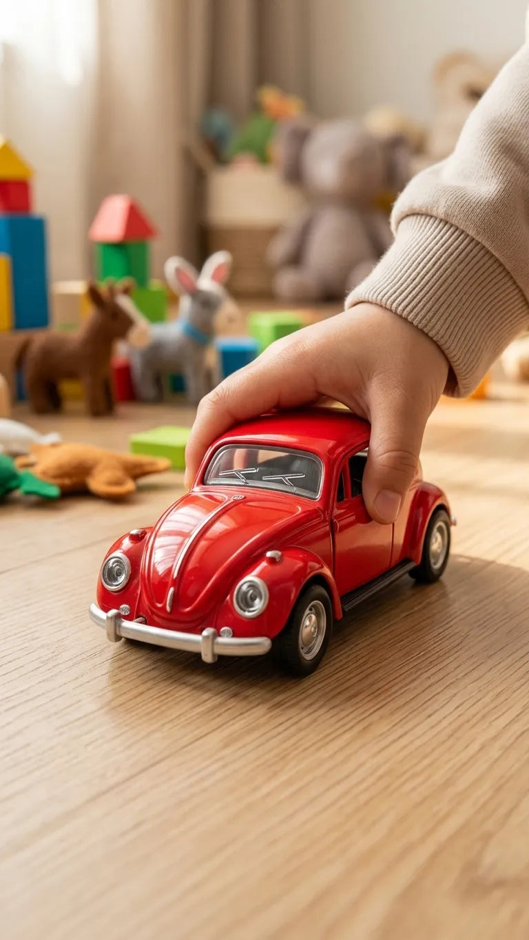 Volkswagen Beetle red diecast model car with chrome bumpers, held in hand