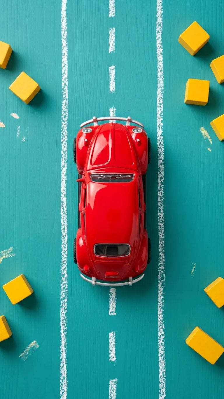 Red Volkswagen Beetle diecast model car toy, top view with chrome details