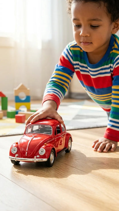 Red Volkswagen Beetle diecast model car toy, on floor as a child plays