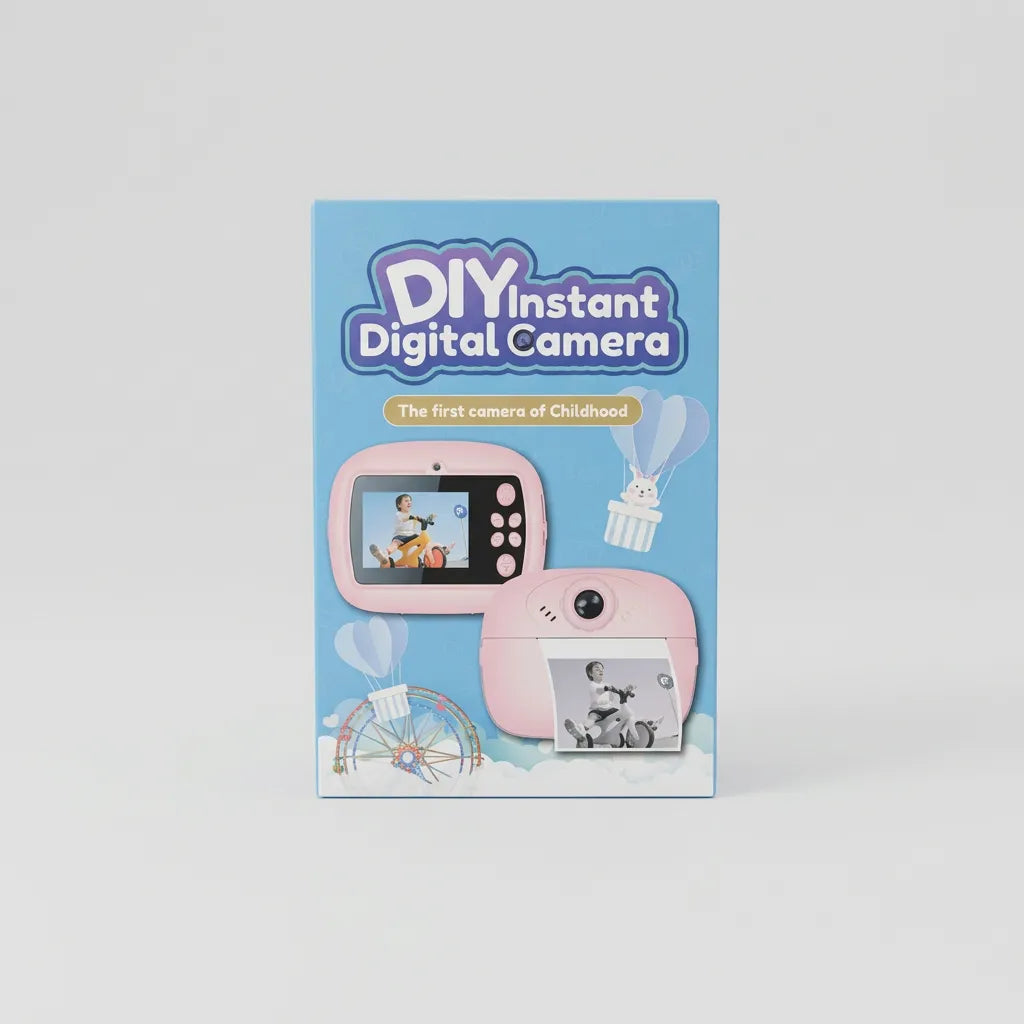 Back of the DIY instant digital camera packaging showing the Blue camera and printed-photo example