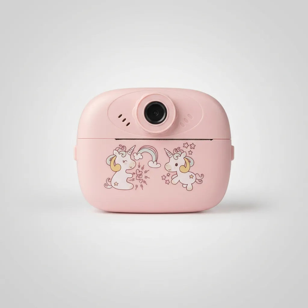 Pink kids instant print camera with unicorn and rainbow decoration on the front