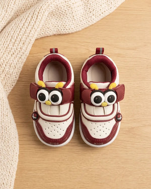 Owl cartoon kids shoes in maroon and cream with perforated toe panels and white sole