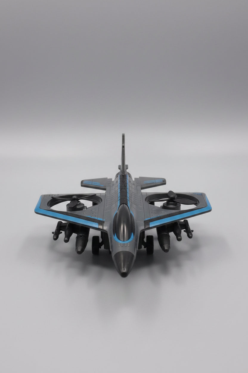 Black and blue dual-propeller toy aircraft