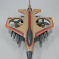 Tan and orange dual-propeller toy aircraft