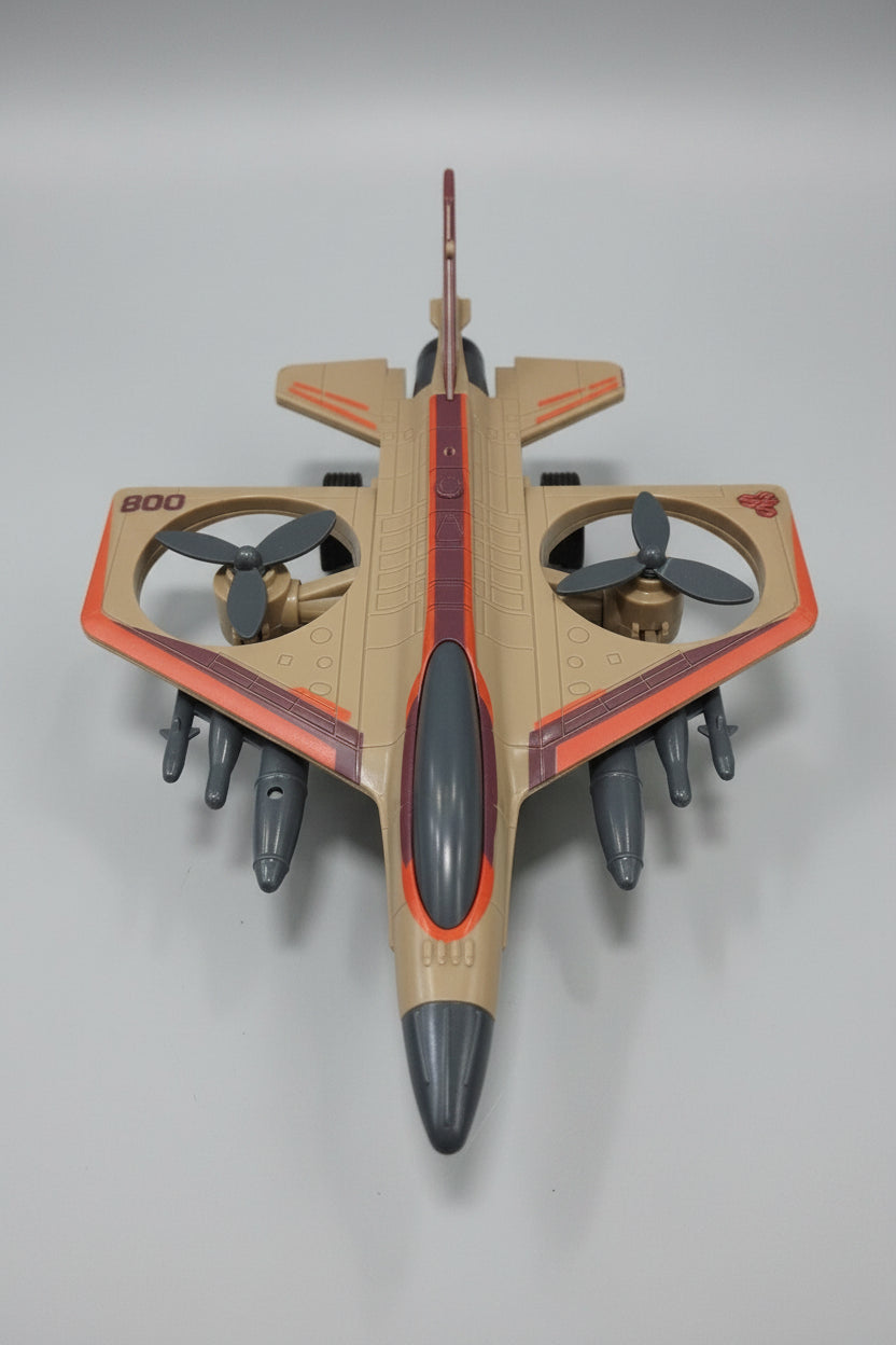 Tan and orange dual-propeller toy aircraft