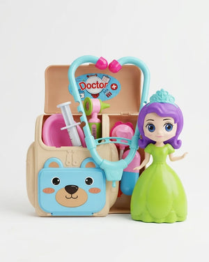Kids doctor playset with bunny face bag, stethoscope, medical tools, and purple-haired figure
