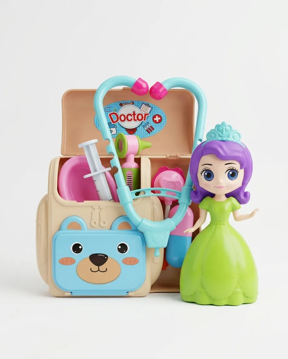 Kids doctor playset with bunny face bag, stethoscope, medical tools, and purple-haired figure