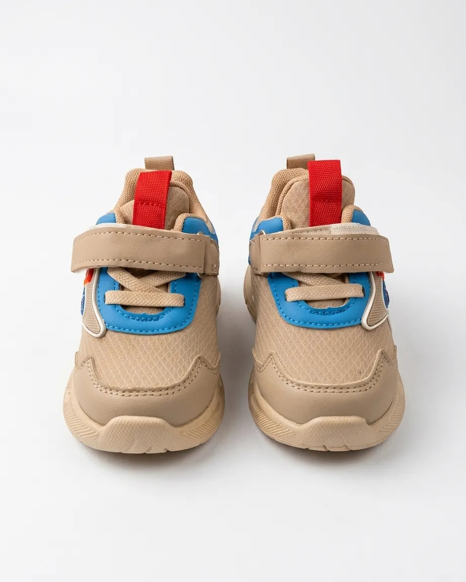 Grey kids cartoon chunky sneaker with hook-and-loop strap, angled view