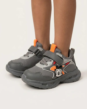 Front view of blue kids chunky sneakers with straps and elastic-style laces