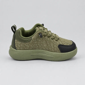 Green Trail kids sneaker with olive textured panels and chunky sole, outer side view