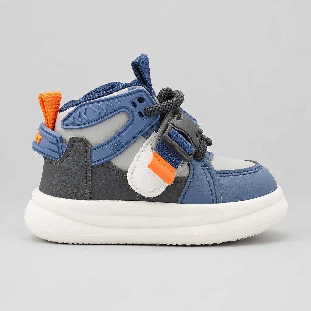 Kids high-top sneakers in light blue and gray with orange accents