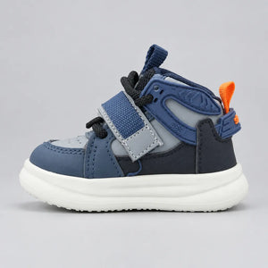 Kids high-top sneakers in blue with orange pull tab and gray details