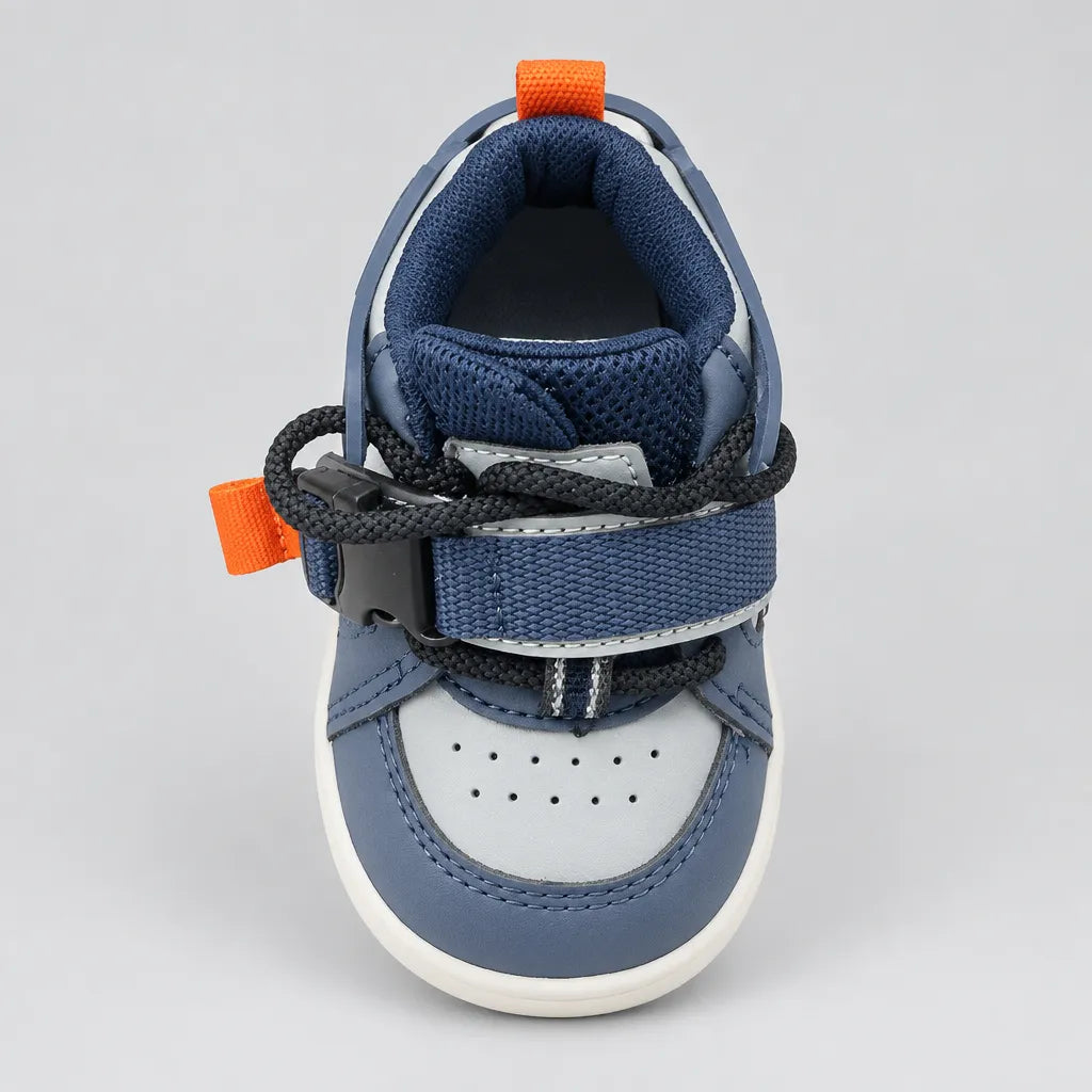 Kids high-top sneakers in blue with padded collar and orange pull loop