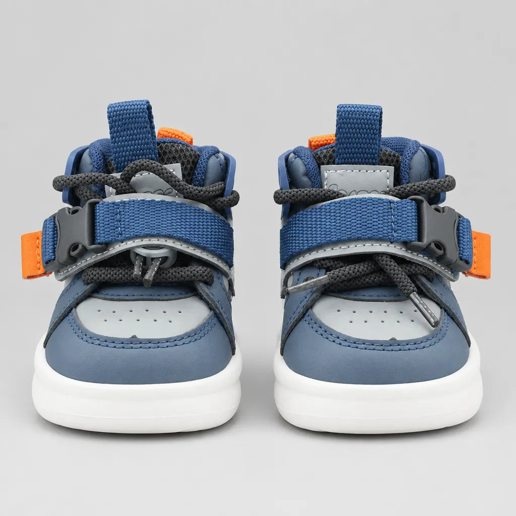 Pair of kids high-top sneakers in blue with orange side tabs