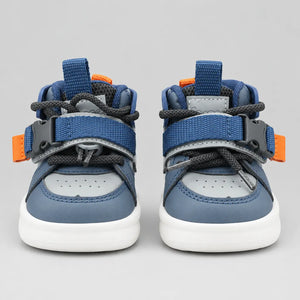 Pair of kids high-top sneakers in blue with orange side tabs