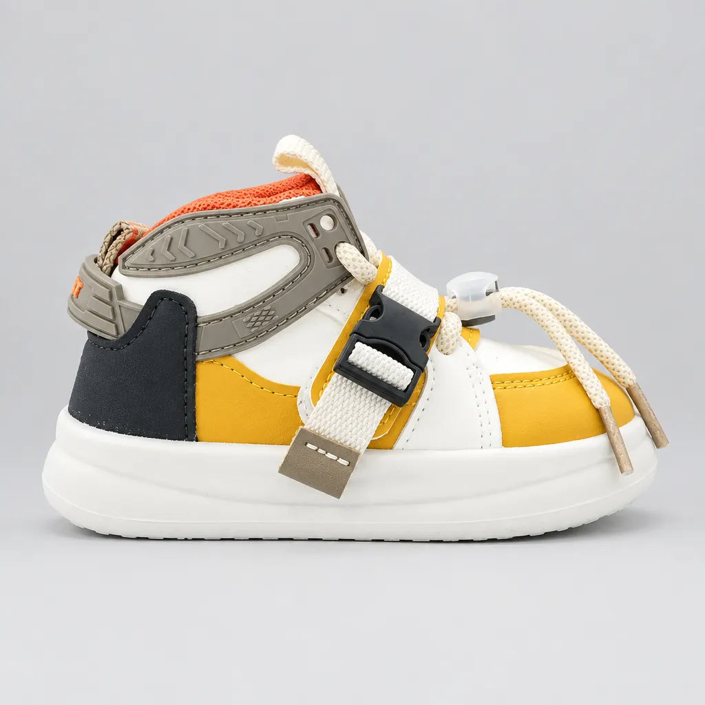Kids high-top sneakers in navy, mustard, and white, with velcro strap and laces