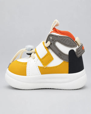 Kids high-top sneakers with white panels, mustard sides, orange collar, and padded laces