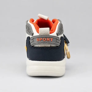 Kids high-top sneakers with orange interior and gray “SPORT” heel patch