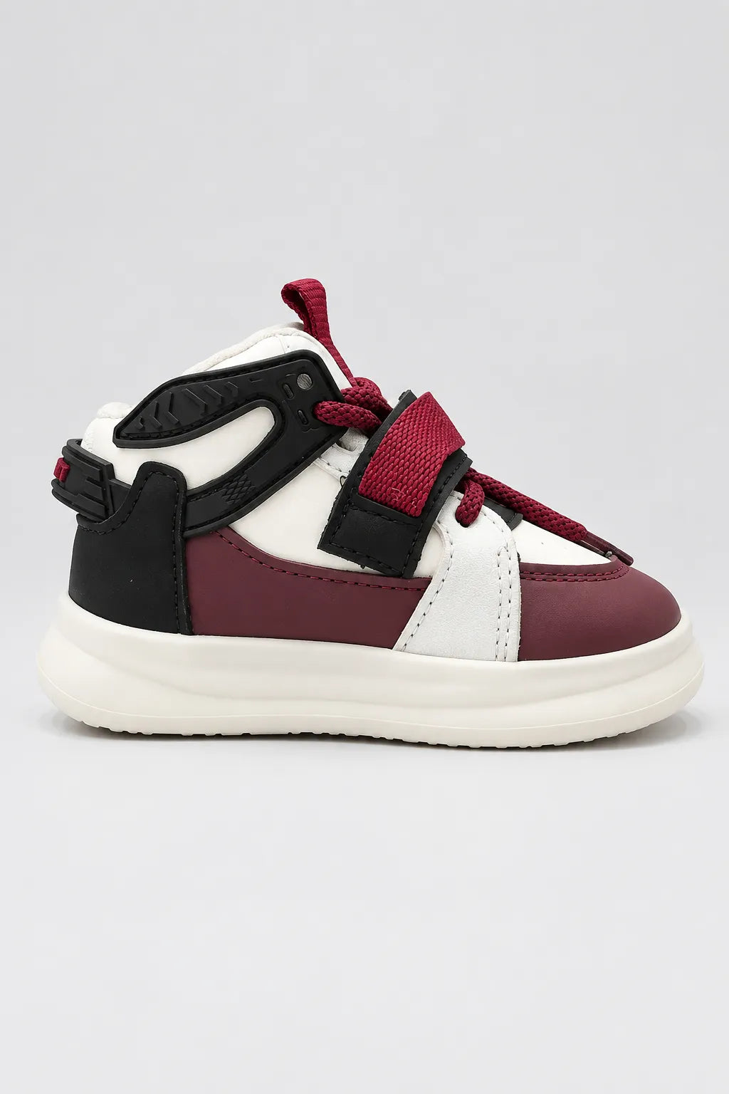 Kids high-top sneakers in white, burgundy, and black with lace-up closure