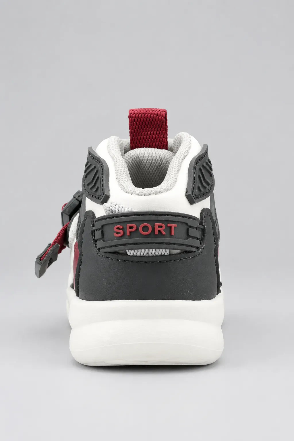 Kids high-top sneakers with gray heel panel and “SPORT” patch