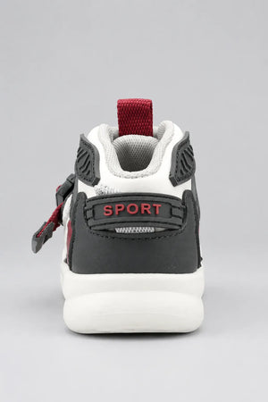 Kids high-top sneakers with gray heel panel and “SPORT” patch