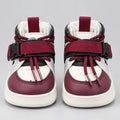Pair of kids high-top sneakers in white and burgundy with double straps