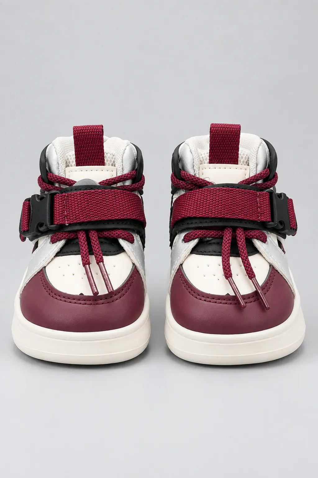 Pair of kids high-top sneakers in white and burgundy with double straps