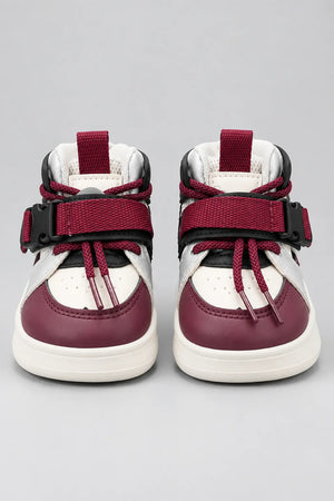 Pair of kids high-top sneakers in white and burgundy with double straps
