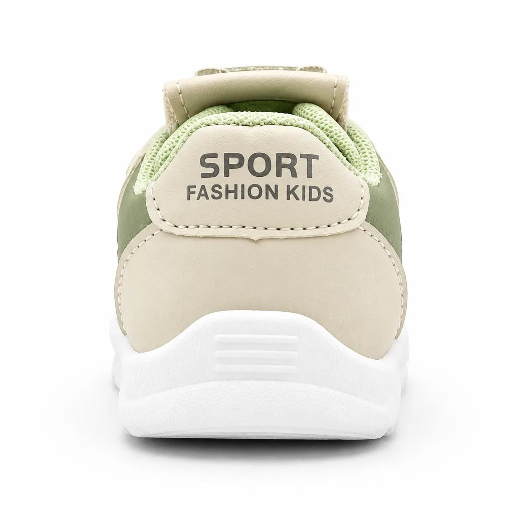 Front view of green and beige kids’ sneakers with bear-face patches and white soles.