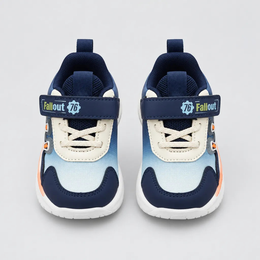 Navy and blue No.1 chunky kids sneaker with strap and white sole, side view