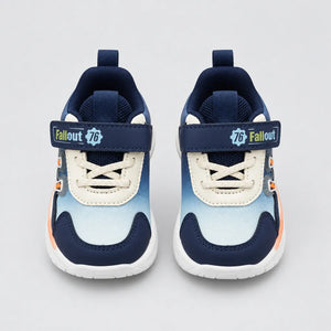 Navy and blue No.1 chunky kids sneaker with strap and white sole, side view