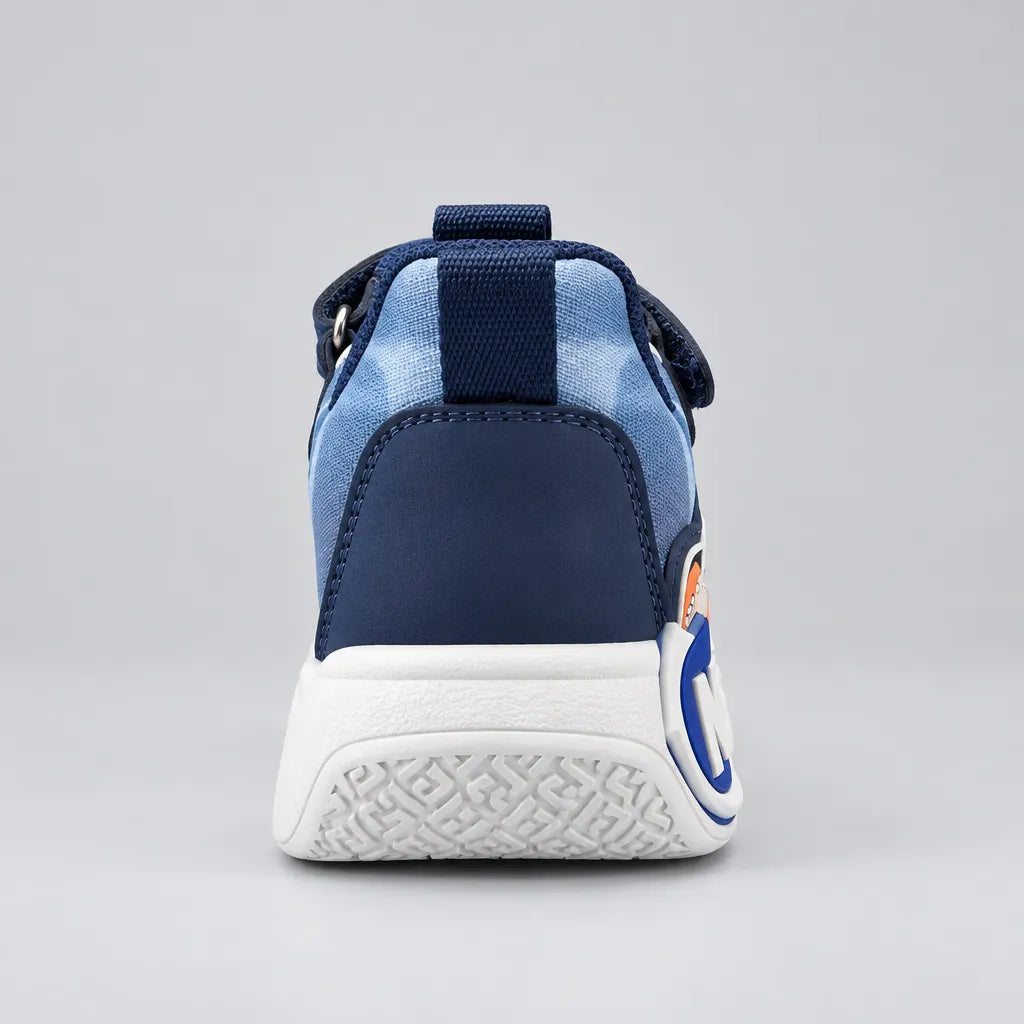 Pair of navy No.1 light-up kids sneakers with hook-and-loop straps, top front view